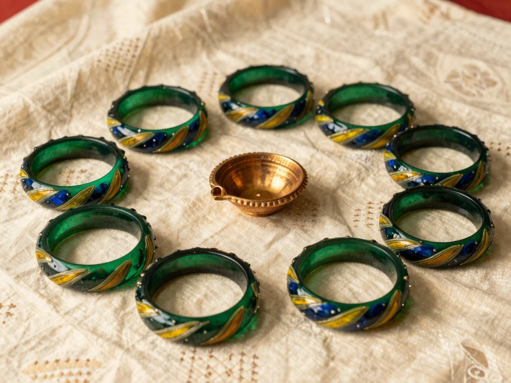 Nine emerald and peacock-blue swirl glass bangles arranged around a brass diya