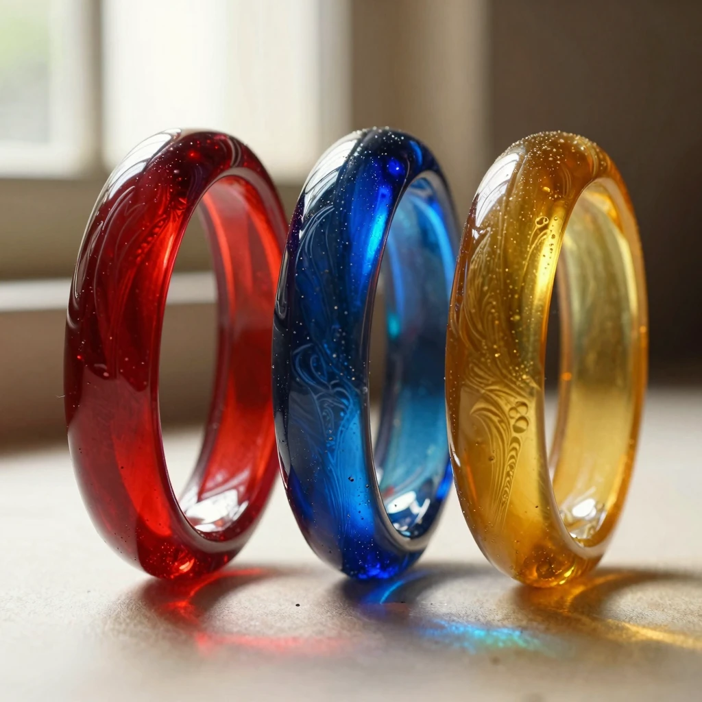 Three translucent Firozabad glass bangles — ruby, sapphire, amber — backlit, casting jewel-toned shadows