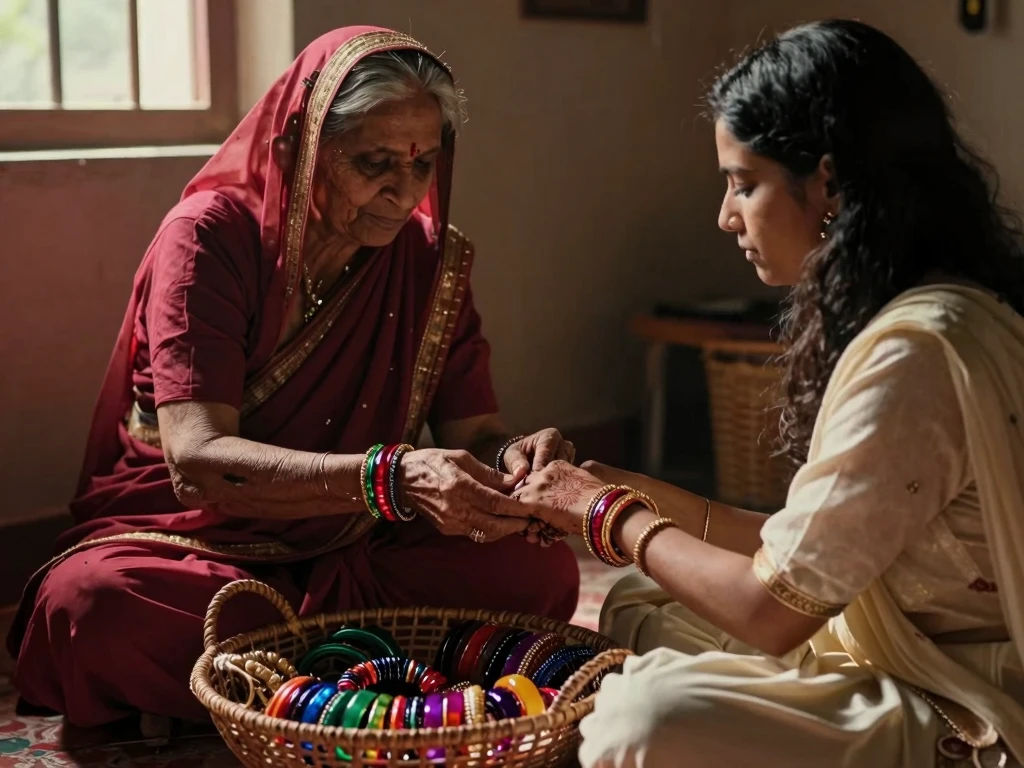 Elder chudi-walli in a sindoor sari sliding a glass bangle onto a younger woman's wrist, cane basket of colourful bangles between them