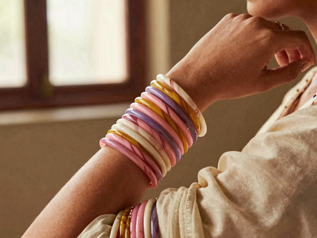 Wrist wearing pastel glass bangles in pink, lavender, mustard